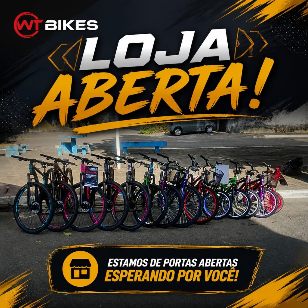 Fila de bicicletas coloridas alinhadas ao ar livre — loja WT BIKES aberta